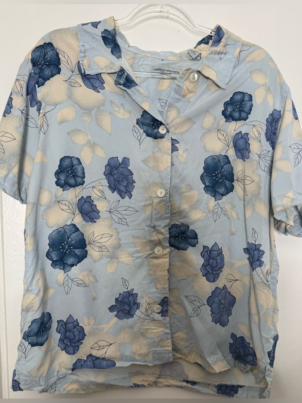 Valerie Stevens Blue Floral Short Sleeve Button-Front Shirt Lyle tencell xl past
